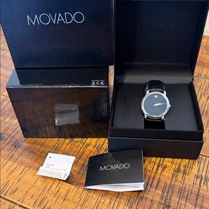 Movado Black and Silver leather band Watch/ sapphire crystal/ water resistant